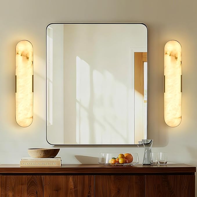 20 in Gold Alabaster Wall Sconces 2 Pack Spanish Natural Marble Wall Lights Indoor Brass Marble Wall Lighting Bathroom Vanity Light LED Alabaster Wall Lamps for Bedroom Hallway Dining Room