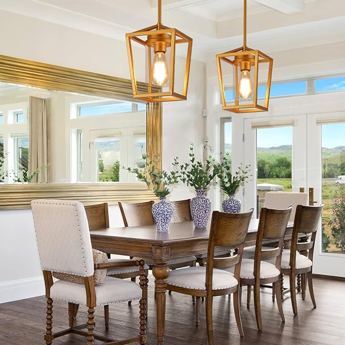 SGLfarmty 7 Inch Farmhouse Brass Pendant Light, Adjustable Lantern Hanging Light with Clear Glass Shade, Modern Ceiling Fixture for Kitchen Island Dining Room Foyer Entryway, Sloped Ceiling Compatible