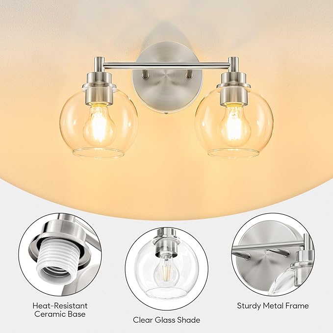 VONLUCE Bathroom Light Fixtures, 2-Light Vanity Lights with Globe Glass Shades E26 Sockets, Bathroom Lights Over Mirror for Bedroom Hallway Living Room, Brushed Nickel Finish, ETL Certificated