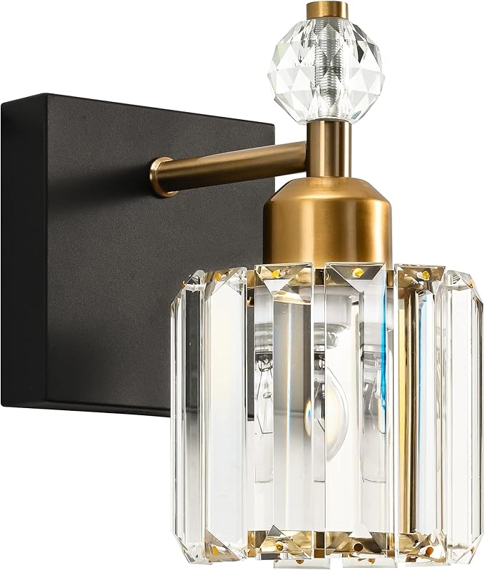 PRESDE 1-Light Bathroom Vanity Light, Modern Black and Gold Wall Sconce with Crystal Shade, Single Wall Lamp for Over Mirror Bedroom Hallway