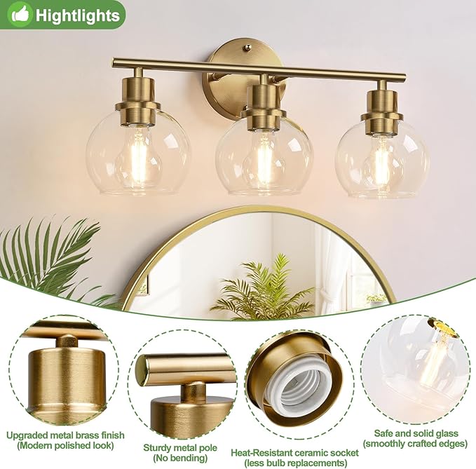 Indoi 3-Light Bathroom Light Fixtures, Brushed Brass Bathroom Lights Over Mirror with Clear Glass Globe Shade, Vanity Lights for Bathroom Kitchen Living Room Hallway Cabinet Bedroom Porch