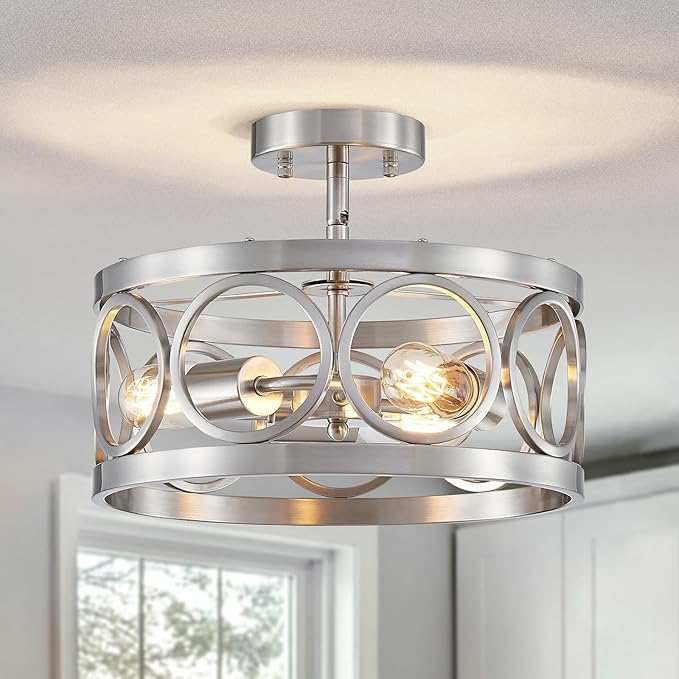 XINGQI 13” Chandelier Brushed Nickel 3-Light Rustic Ceiling Light Modern Adjustable Height Pendant Lighting Fixture Antique Drum Lamp for Living Room Bedroom Entryway Corridors
