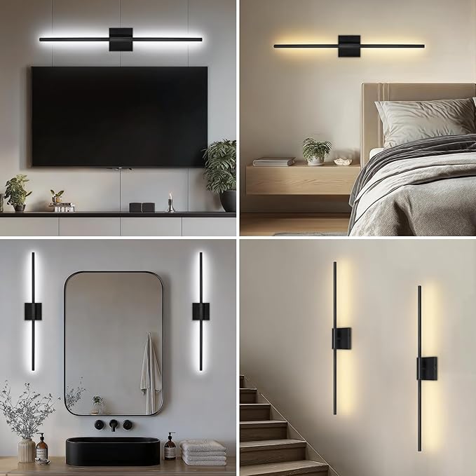 TaoFiaCo Battery Operated Wall Sconces Set of Two, Battery Wall Sconce with Remote Control, Black Modern LED Rechargeable Sconces, Wall Lights for Bedroom, Living Room, 2Pack, 31.5Inch