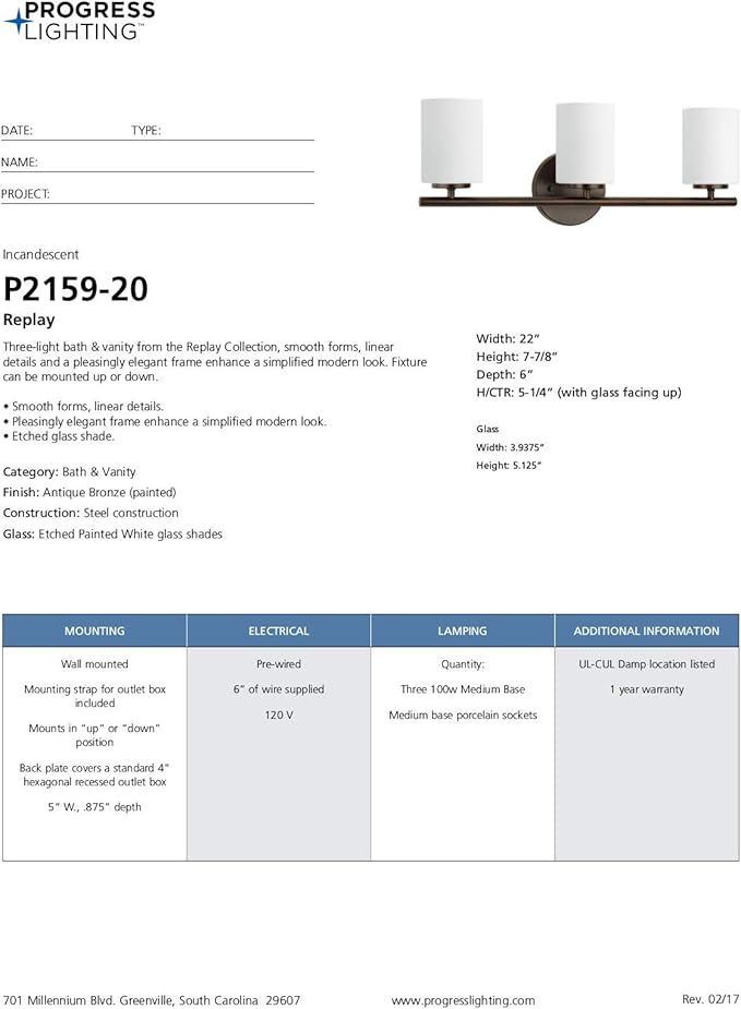 Progress Lighting Replay Collection 3 Light Bathroom Vanity Light, Modern Bath Lighting Fixture with Etched White Glass Shades for Over the Mirror, Reversible Mounting, Antique Bronze