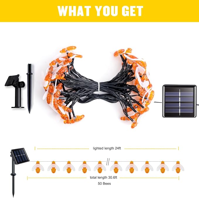 JMEXSUSS Solar Bee Lights Outdoor Waterproof, 30.6FT 50 LED Solar Fairy Lights, 8 Modes Twinkle Light for Outside Garden Patio Yard Decorations