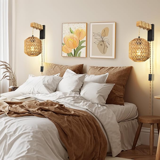 Boho Plug in Wall Sconces Set of Two,Vintage sconces wall Lighting for Bedroom Living Room Farmhouse Rattan Shade -Black