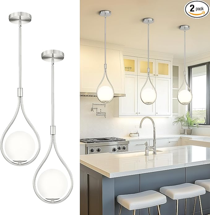 Autelo 2 Pack Pendant Lights Kitchen Island, 1-Light Pendant Lights in Brushed Nickel Finish with Milky White Globe Glass, Nickel Pendant Light Fixtures, Hanging Lamp for Kitchen Island H9377 MGST-2PK