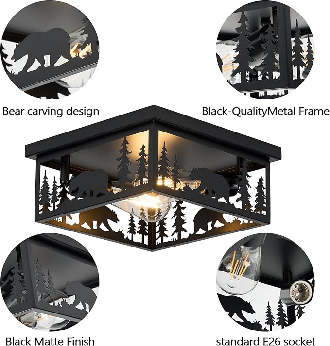 Farmhouse Rustic Bear Ceiling Light Fixtures, Vintage Metal Cage Light Perfests for Kitchen,Living Room, Bedroom, Balcony, Entryway, Hallway, Cabin(Bulbs not Included)