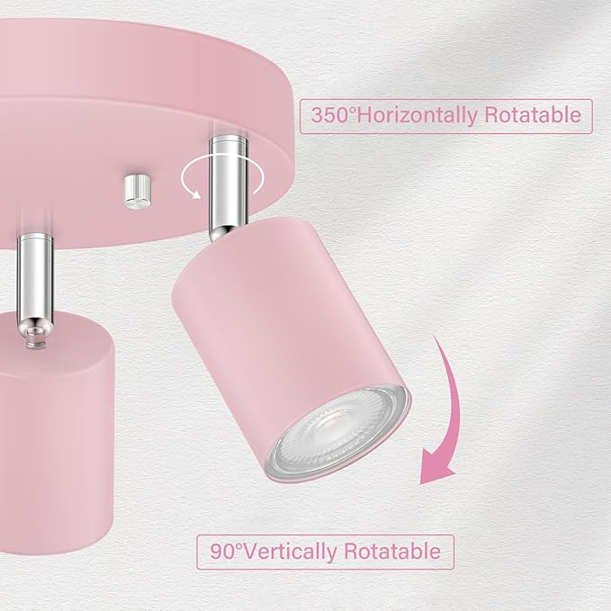 BoostArea LED 3 Light Track Lighting Kit, LED Track Lighting Fixtures, Pink Round Ceiling Spot Lighting, Flexibly Rotatable Light Head for Kitchen, Living Room, Bedroom, GU10 Bulb Not Included