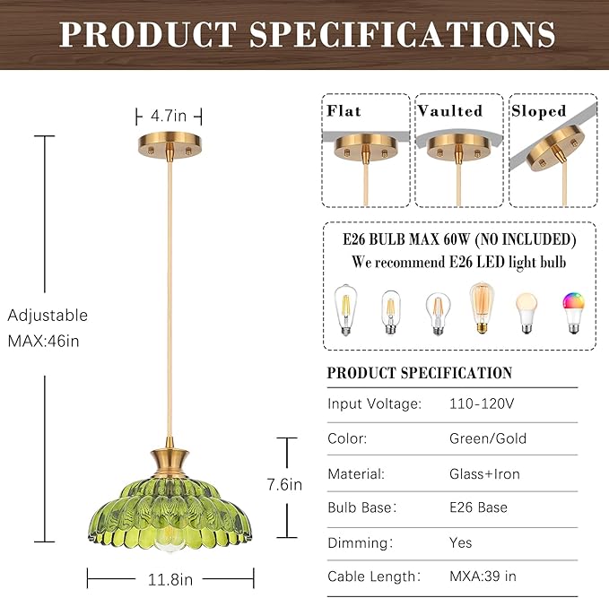 Green Glass Pendant Lights, 11.8" Vintage Lighting Glass Light Fixtures Brushed Gold Modern Hanging Ceiling for Kitchen Island Dining Room Restaurant Foyer Entryway