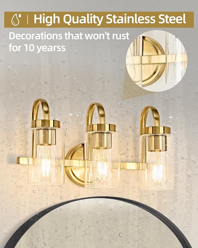 3 Light Bathroom Vanity Light, Gold Vanity Lights for Bathroom, Modern Light Fixtures Over Mirror with Clear Glass Shade, Wall Sconce Lighting for Bedroom Living Room Hallway
