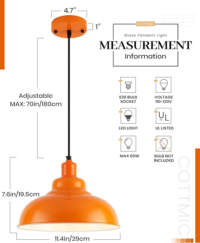 Orange Pendant Light 3 Pack, Farmhouse Pendant Lights Kitchen Island, 11.4’’ Industrial Metal Pendant Light Fixtures, Pendant Lighting for Dining Room Hallway Bar, Adjustable Height