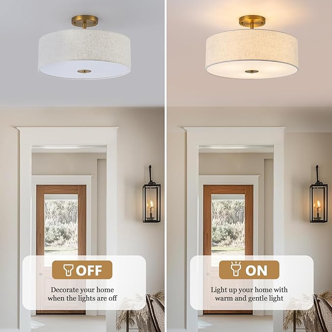 Bargeni Semi Flush Mount Ceiling Light Fixture,16 inch Drum Flush Mount Ceiling Light, Modern Light Fixtures Ceiling Mount with Matte Brass Finish, Semi Flush Ceiling Light for Bedroom,Dining Room