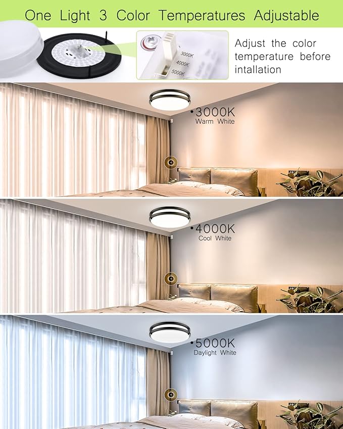 LED Flush Mount Ceiling Light Fixture - 13inch 40W[500W Equiv] 4000lm Dimmable Kitchen Light Fixtures, 3000K/4000K/5000K Black Ceiling Lamps for Bedroom, Bathroom, Hallway, Laundry, Stairwell-2Pack