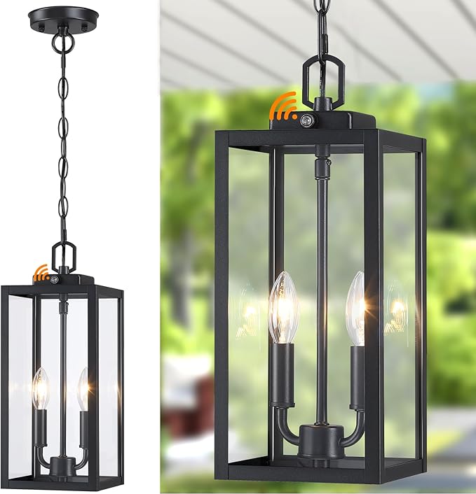 Large Outdoor Pendant Light 2-Light, 15'' Dusk to Dawn Modern Black Metal Outside Chandelier Exterior Hanging Fixture Ceiling Mount with Clear Glass for Front Porch Entrance Foyer Entryway, 1 Pack