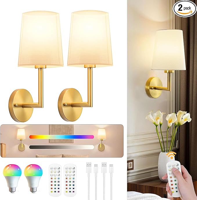 JKEYES Battery Operated Wall Sconces Set of Two, Gold Cordless Wall Sconce with 10000mAh RGB Dimmable Detachable Rechargeable Bulbs, 12 Colors Sconces Wall Decor for Bedroom Living Room Hallway