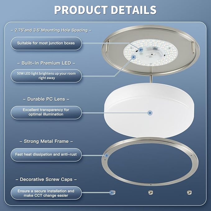 16Inch Flush Mount LED Ceiling Light Fixtures, 5CCT Adjustable 2700K 3000K 4000K 5000K 6500K, Dimmable Close to Ceiling Light for Kitchen, Bathroom, Kitchen, Bedroom, Brushed Nickel, 1 Pack