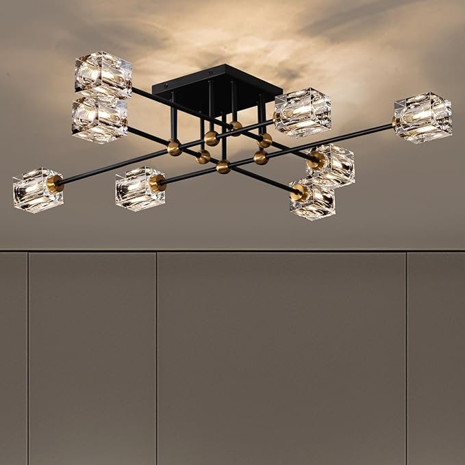 8-Light Crystal Ceiling Light Fixture Black and Gold Semi Flush Mount Ceiling Light Modern Chandeliers for Dining Room Kitchen Island Living Room Bedroom