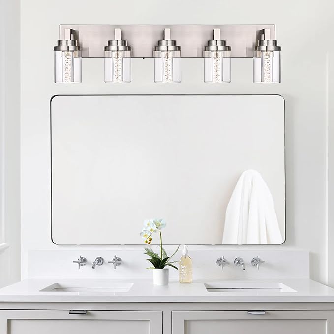 MELUCEE LED Vanity Light Bar 5-Light Bathroom Vanity Light Modern 25W Bath Lamps Over Mirror Brushed Nickel Bathroom Wall Lighting Fixtures with Clear Glass Shade Bubble Crystal Restroom Lighing