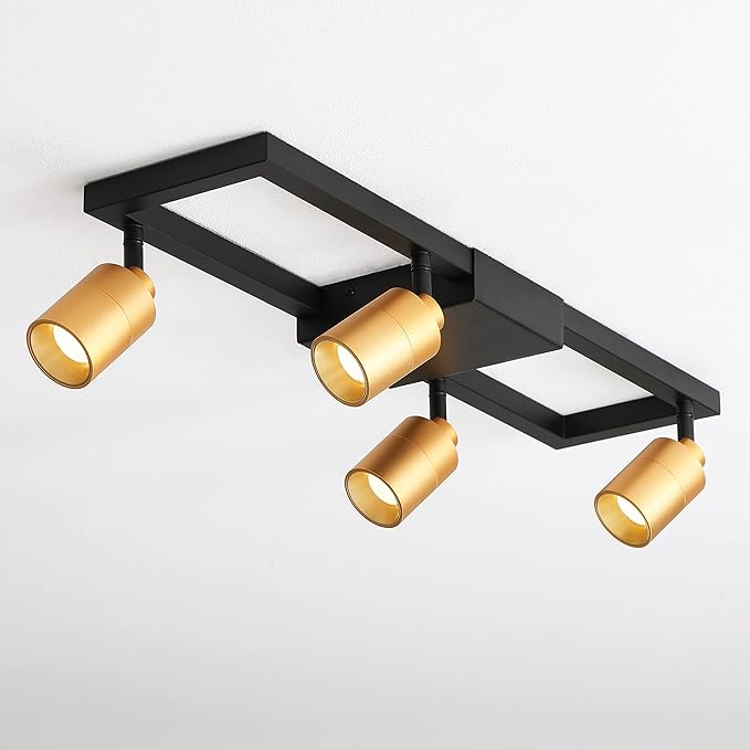 Shura - Square 4-Light Black and Brass Integrated LED Ceiling Light w/Rotatable Heads, Adjustable Flush Mount Ceiling Light, 3000K, 1820 Lumens
