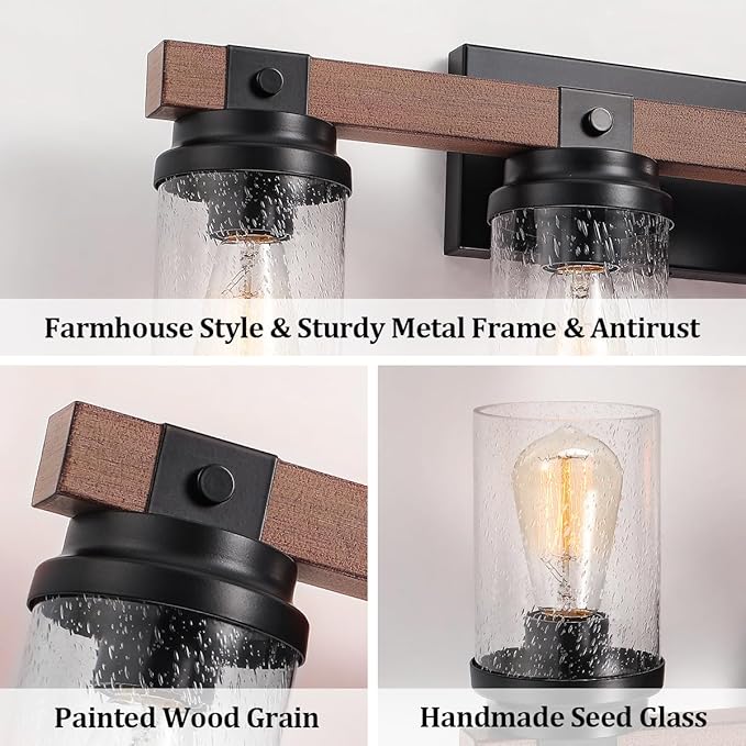 Farmhouse Vanity Light Fixtures, 3-Light Rustic Bathroom Lights Over Mirror with Pretty Glass Shade, Industrial Black Metal Wood Wall Decor Sconces for Living Room Hallway Stairway