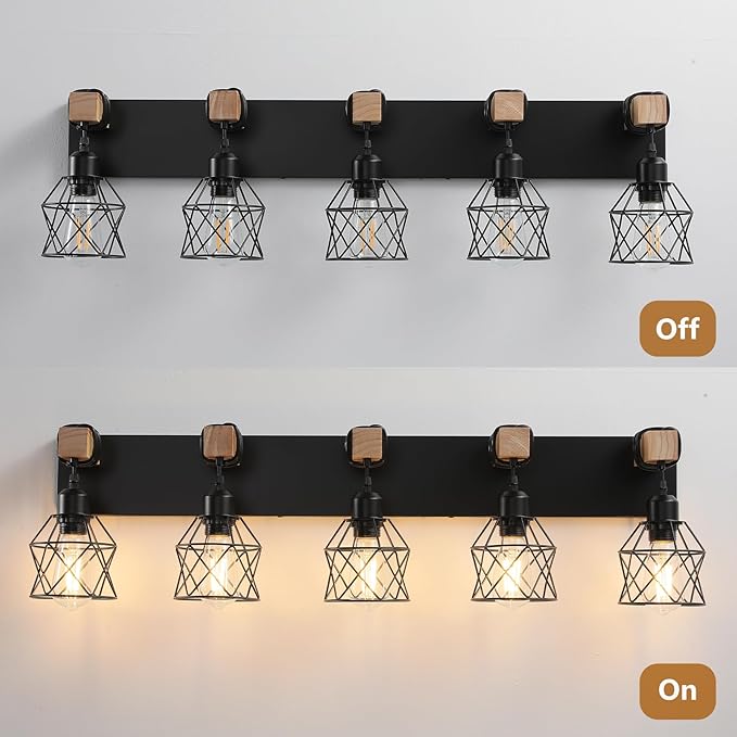 Farmhouse Vanity Light Fixture,5-Light Bathroom Lighting,Black Industrial Wood Wall Light Over Mirror with Metal Shade,LED Bulbs Not Included