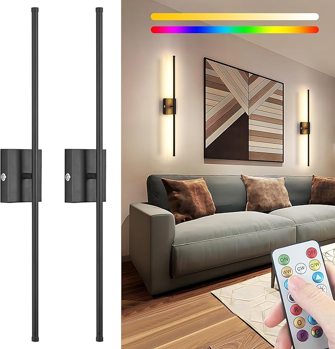 31.5 inch Battery Operated Wall Sconce Set Of 2, 10000mAh Rechargeable Wall Light With Remote Control, RGB Dimmable Wireless Sconces Wall Decor For Bedroom Living room Hallway, 360°Rotate, Black