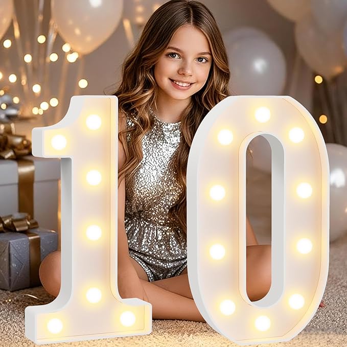 Pooqla 10th Birthday Decorations for Girls Boys, Large 12.6 in Tall Light Up Numbers for 10th Party Decorations Table Decor, Big Marquee Numbers 10th Birthday Gift for Girls Wedding Anniversary Decor
