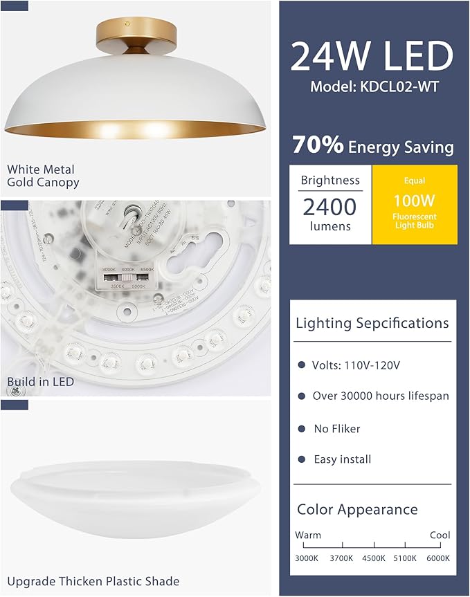 kudos Large Flush Mount Ceiling Light, 21inch LED Ceiling Light Fixture, White and Gold Finish, 44W 2500lm Modern Hanging Light Fixtures for Living Room, Bedroom, Hallway, 5CCT Adjustable, KDCL02-WT-L