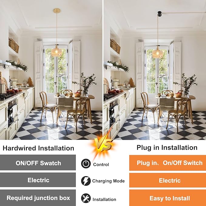 Shenmoyl Plug in Pendant Light Hanging Light Fixture Corded On/Off Switch Brass Pendant Light with Amber Striped Glass Lampshade for Bedroom Living Room Kitchen Island