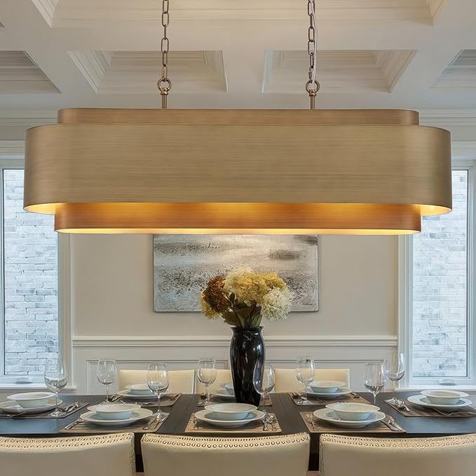 40" Modern Farmhouse Linear Chandelier, Dining Room Light Fixture Over Table Kitchen Island Lighting Metal Rustic Industrial Pendant Light Brushed Brass