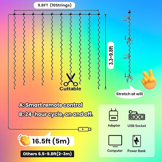 HXWEIYE 300LED Fairy Curtain Lights, 9.8x9.8Ft USB Plug-in 8 Modes Christmas String Hanging Lights with Remote for Bedroom Backdrop Wedding Indoor Wall Decor, Multicolor, Standard – 1 Pack