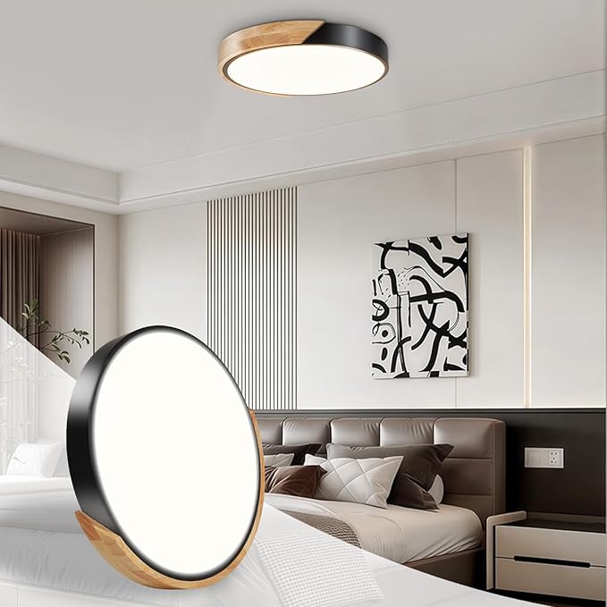 Modern Flush Mount Ceiling Light, Wood Ceiling Light Fixture, Natural White 4500K Not Dimmable, Minimalist Ceiling Lamp with Acrylic Lampshade for Bedroom, Living Room, Hallway(Black, 11.8")