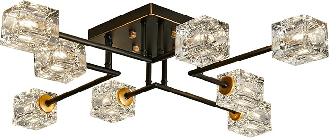 Modern 8-Light Semi Flush Mount Ceiling Light Fixture Black and Gold Chandelier Farmhouse Ceiling Lamp for Dining Room Bedroom Bathroom Entryway Hallway Stairway