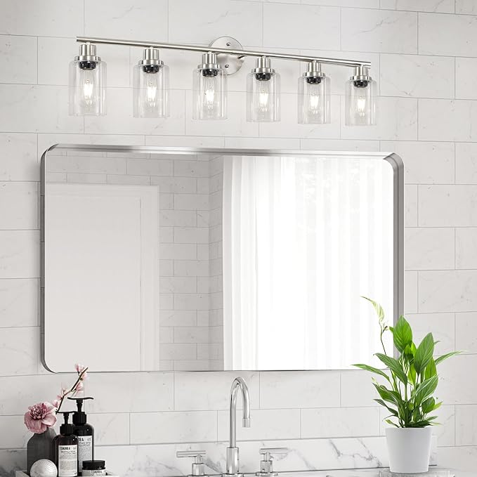 6-Light Nickel Bathroom Vanity Lights, E26 Modern Bathroom Light Fixtures with Clear Glass Shade, Wall Lamps for Mirror Hallway Kitchen Cabinet Living Room Sconces Lights
