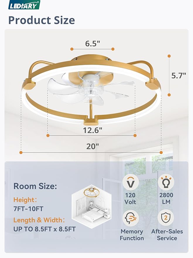 LEDIARY Ceiling Fans with Lights and Remote, 20'' Low Profile Ceiling Fan with Light, 3000-6000K Dimmable Fandelier LED Fan Light, 6 Wind Speeds, Gold Modern Flush Mount Ceiling Fan for Bedroom