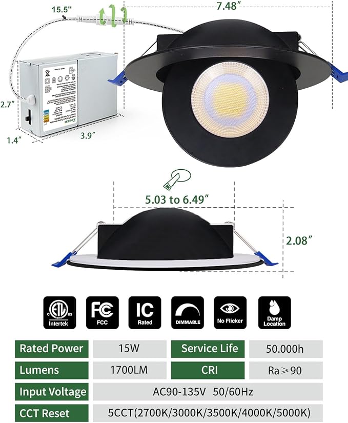 zouzai 5CCT Gimbal Led Recessed Lights, 360°+90° Adjustable Directional Recessed Lighting, 2700K-5000K Dimmable Retrofit Eyeball Can Lights with Jbox, ETL&Energy Star (Black-6 inch, 12 Pack)