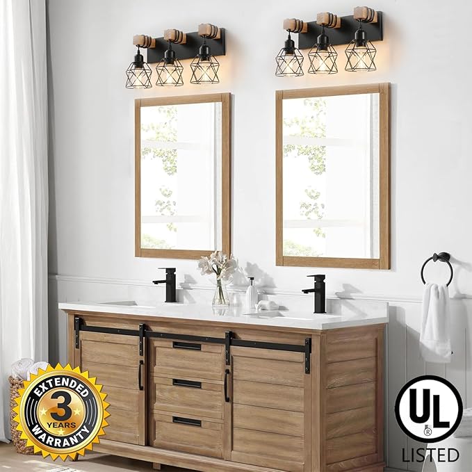 Farmhouse Vanity Light Fixture,3-Light Bathroom Lighting,Black Industrial Wood Wall Light Over Mirror with Metal Shade,Bulbs NOT Included