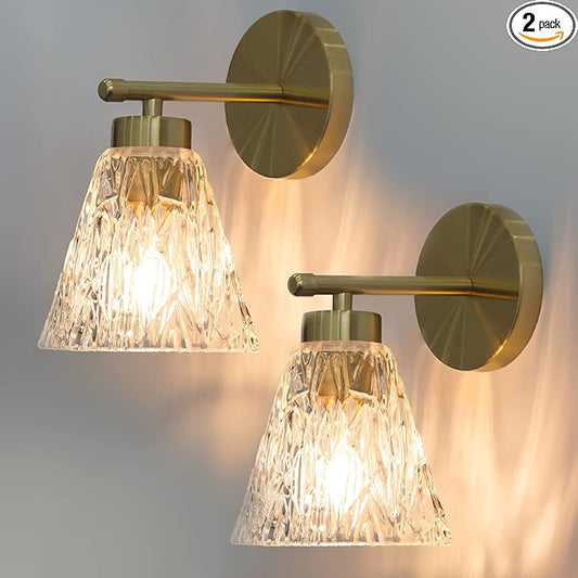 Gold Wall Sconces Set of 2 - Modern Sconces Wall Lighting with Water Rippled Glass Shades, Mid Century Gold Vanity Light Brass Bathroom Light Fixtures Over Mirror for Bedroom Porch Indoor