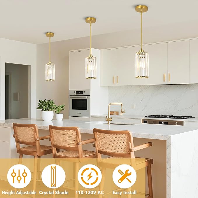 3 Pack Gold Pendant Lights Kitchen Island, Modern Pendant Lighting with Clear Crystal Shade, Vintage Brass Chandelier Light Fixtures Ceiling Hanging for Dining Room Bedroom Foyer Hallway