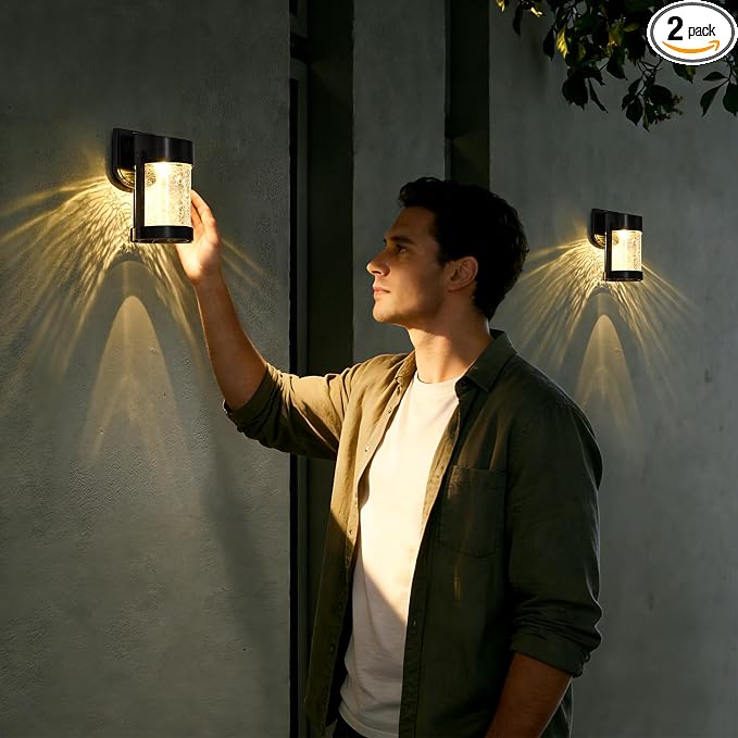 PEVOROS 2 Pack Solar Fence Lights Outdoor, Crackled Glass Wall Light for Porch, Fence, Shed, Barn, Patio, Glass Crackle Lampshade with Warm LED Light