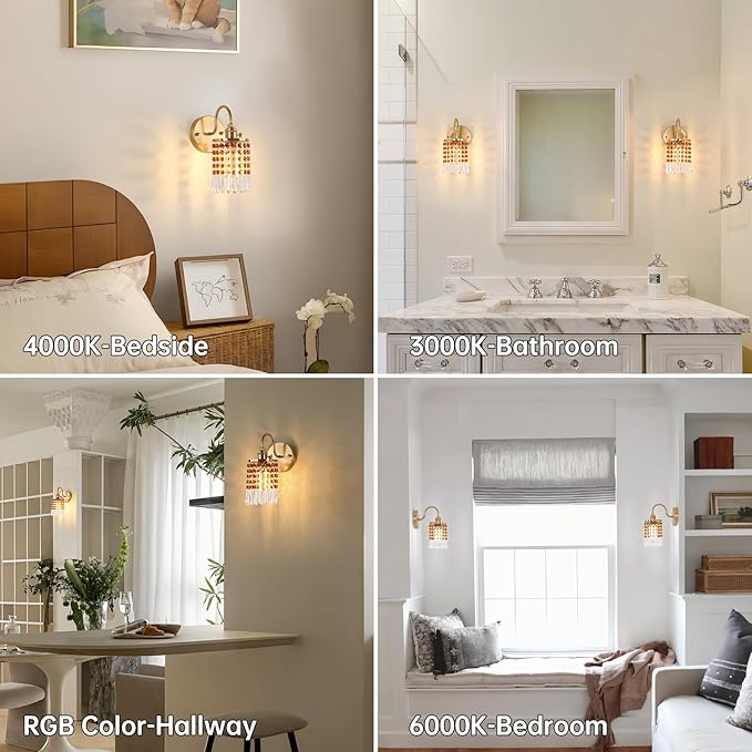Shenmoyl Set of 2 Crystal Battery Operated Wall Sconce, Rechargeable Battery Powered Wall Lamp with Remote Control, Modern Dimmable Wall Lights for Bedroom Bathroom(Tawny, Gold Base)