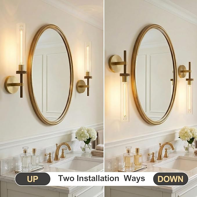 Brass Knurled Wall Sconce 20", Bathroom Wall Sconce Set of Two,Glass Tube Brass Sconces Wall Lighting,Bathroom Sconces Side of Mirror,Vanity Sconce Lights for Bath,Including E26 Light Bulbs