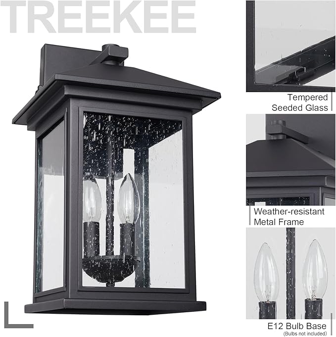Treekee Outdoor Wall Light Fixtures, 16 Inch Waterproof Square Lanterns, 2-Light Exterior Porch Sconces Lighting with Seeded Glass Shade, Modern Black Lamps for Patio Front Door Entryway
