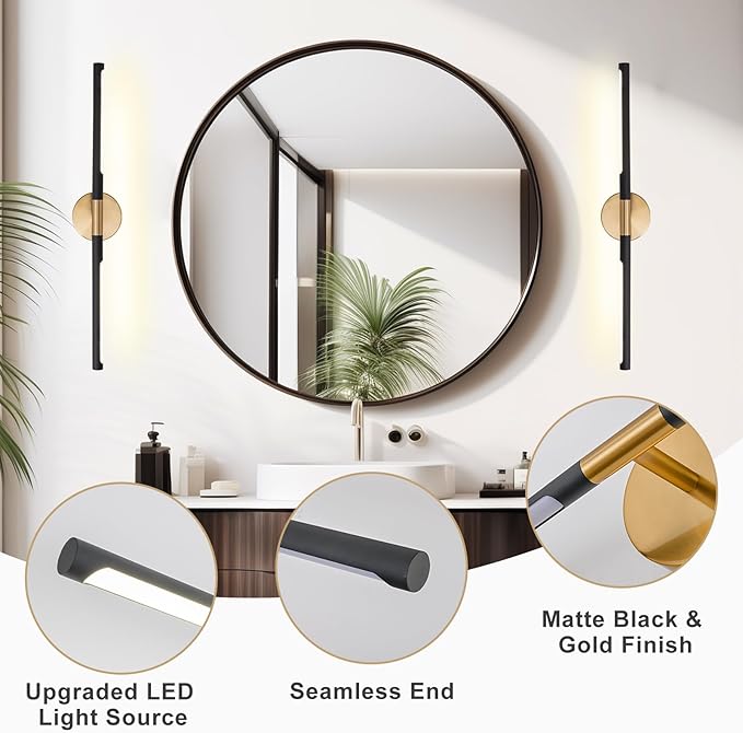 Modern Bathroom Light Fixtures Over Mirror 36 Inch, 26W 360° Rotatable Dimmable 4000K Led Vanity Light Bar, Black and Gold Bathroom Vanity Lights Above Mirror