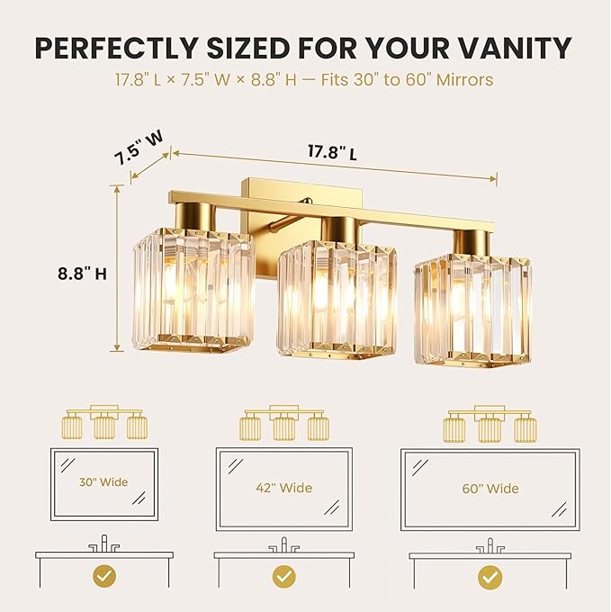 Crystal Bathroom Light Fixtures, 3-Light Brushed Gold, Vanity Lights for Bathroom Over Mirror, Modern Bath Wall Sconce for Mirror Bedroom Living Room