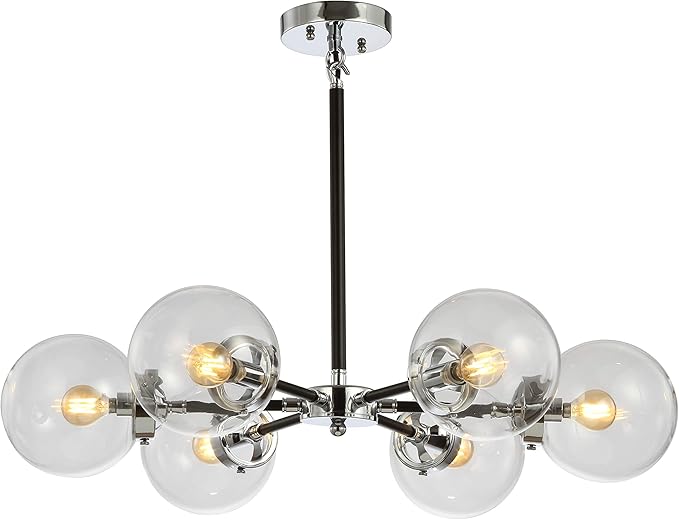 JONATHAN Y 28" Chrome/Black Modern 6-Light Cluster Pendant Chandelier, Clear Glass Shade Hanging Fixture for Kitchen Island Dining Room, LED Bulbs Included, Dimmable (JYL9059A)
