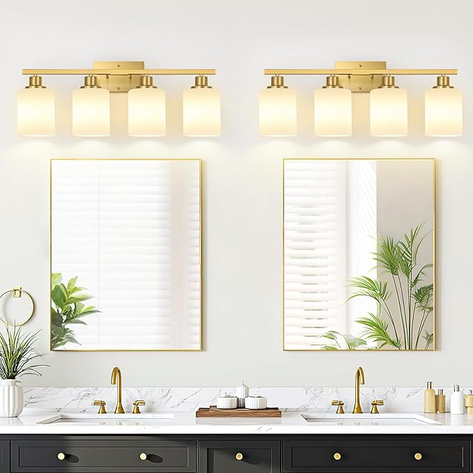 MOKATNG 4-Light Bathroom Light Fixtures, Brushed Gold Vanity Light with Milky White Shades, Bathroom Lighting Fixtures Over Mirror, Modern Bathroom Wall Lamp for Mirror Living Room Cabinet Bedroom