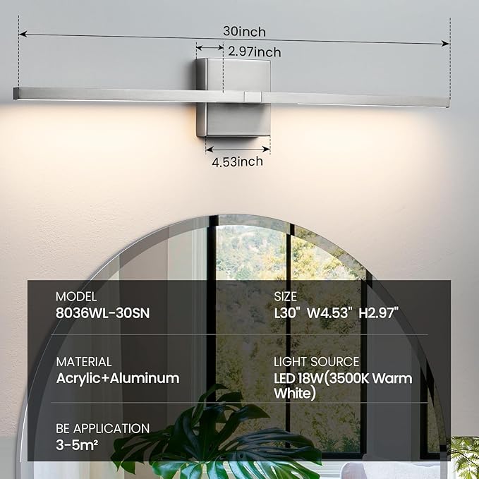 Bathroom Vanity Light Fixtures - 30inch Dimmable Brushed Nickel Bathroom Lights Over Mirror 18W LED Vanity Light Bar 3500K Modern Wall Sconce Lighting for Mural