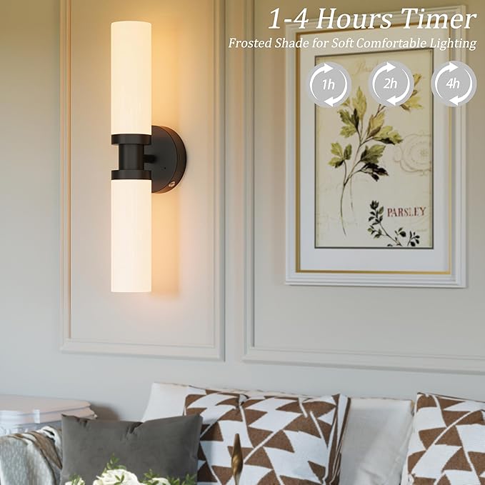 Wireless Battery Operated Wall Sconce Set of 2, Black Easy Install Dimmable Rechargeable Wall Lights with Remote Control, Timer Function for Living Room, Bedroom, Hallway, Stairwell, Entryway 3000K